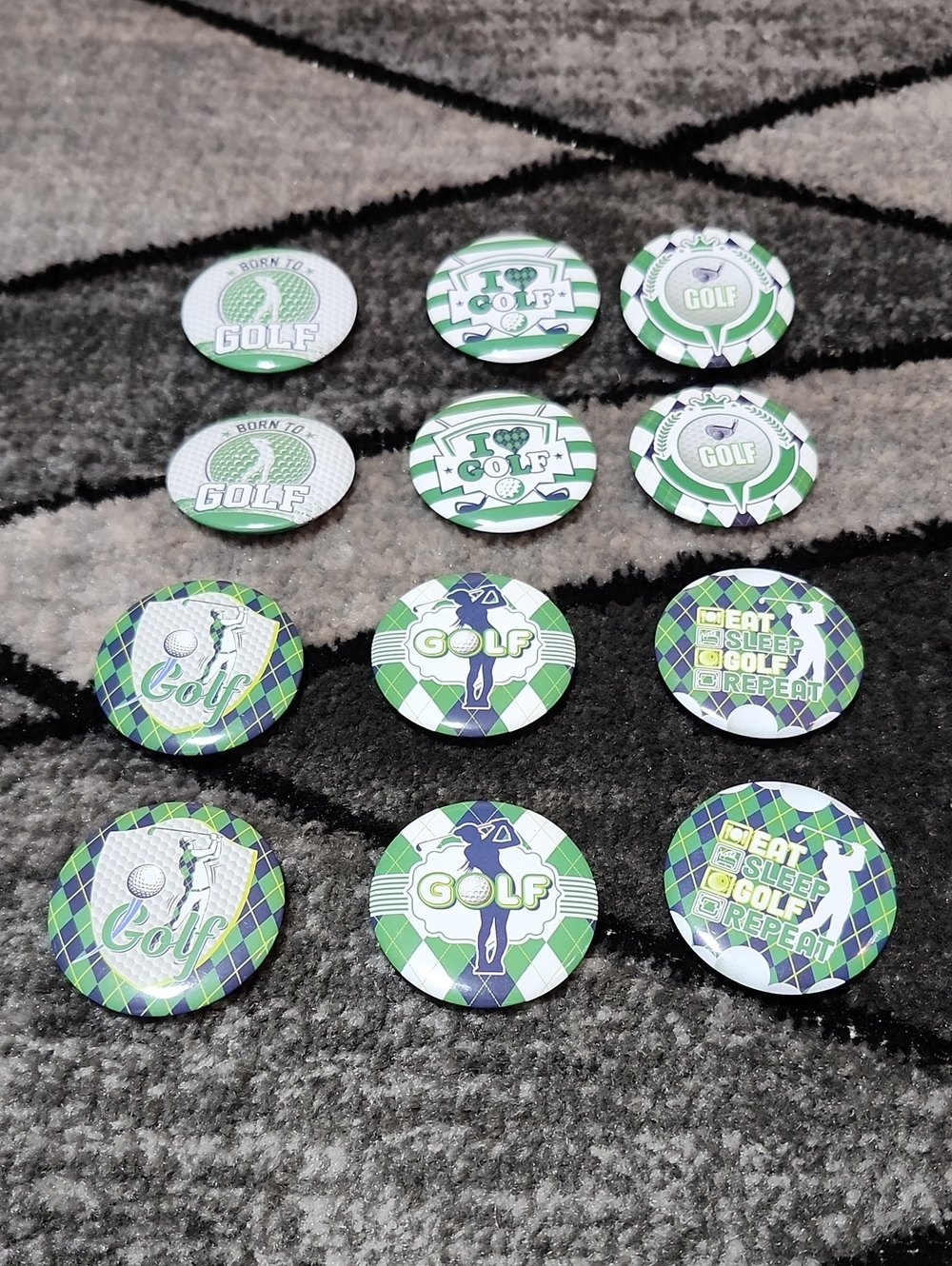 SET-OF-12 NOVELTY COLLECTION ROUND METAL GOLF THEMED PIN-BACK BUTTONS
